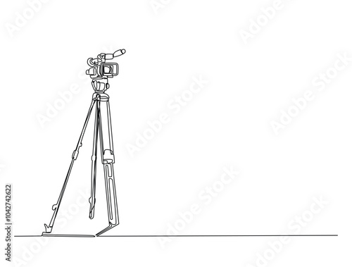 Continuous one line drawing of video camcorder on tripod. Camera recorder single line art vector illustration. Editable vector.
