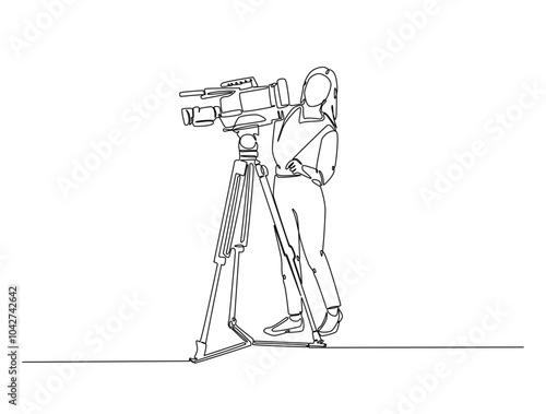 Continuous one line drawing of woman videographer holds camcorder. Girl working as videographer single line art vector illustration. Editable vector.