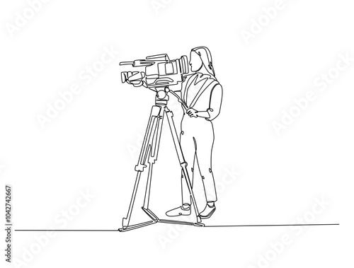 Continuous one line drawing of woman videographer holds camcorder. Girl working as videographer single line art vector illustration. Editable vector.