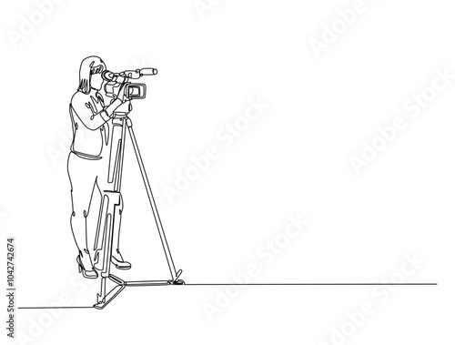Continuous one line drawing of woman videographer holds camcorder. Girl working as videographer single line art vector illustration. Editable vector.