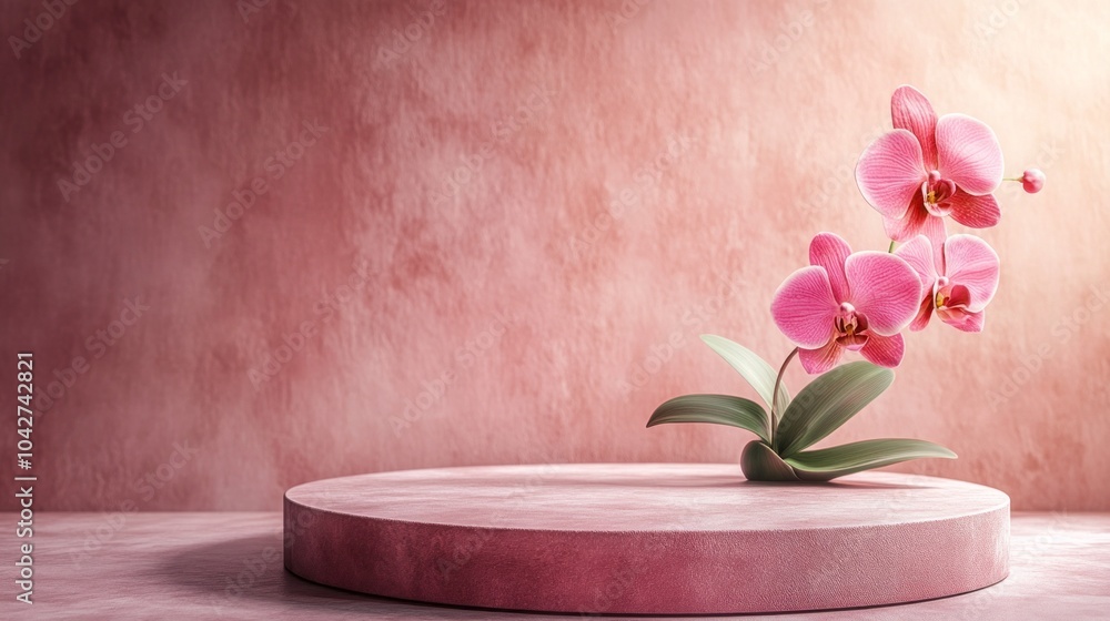 A pink flower is on a pedestal in front of a pink wall A pink flower is on a pedestal in front of a pink wall
