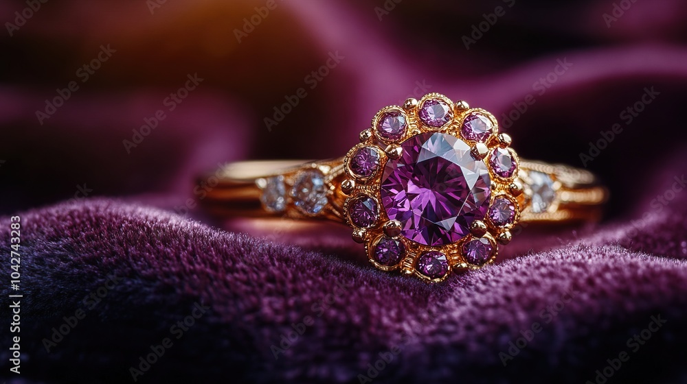 Golden purple diamond ring on a velvet background Golden purple diamond ring on a velvet background