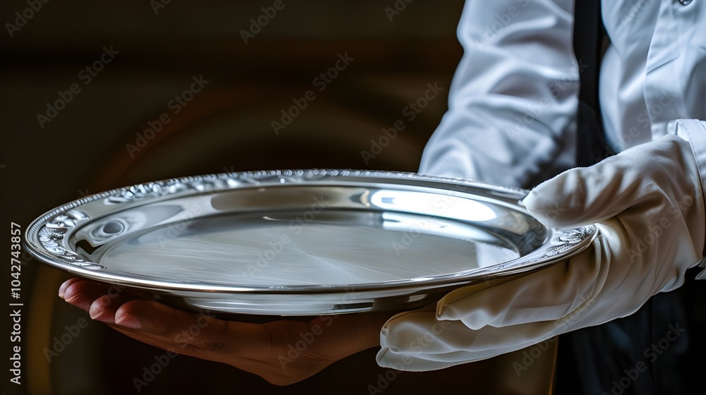 Waiter tray butler hand serve hold plate isolated white man silver empty glove servant. Butler waiter service tray dinner restaurant concept luxury hotel food platter elegant person background job.