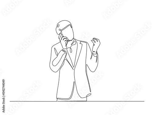 Continuous one line drawing of businessman holding mobile phone. Bussy man calling use smartphone single line art vector illustration. Editable vector.