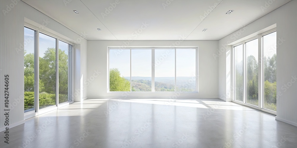 Fototapeta premium Abstract Minimalist Interior Photography of a Serene White Room with Large Window, Soft Natural Light, Clean Lines, and Subtle Textures for Modern Home Decor Inspiration