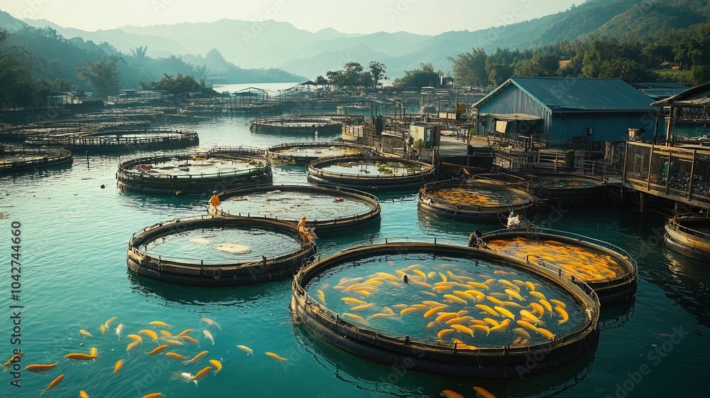 A bustling fish farm with rows of tanks teeming with aquatic life A bustling fish farm with rows of tanks teeming with aquatic life