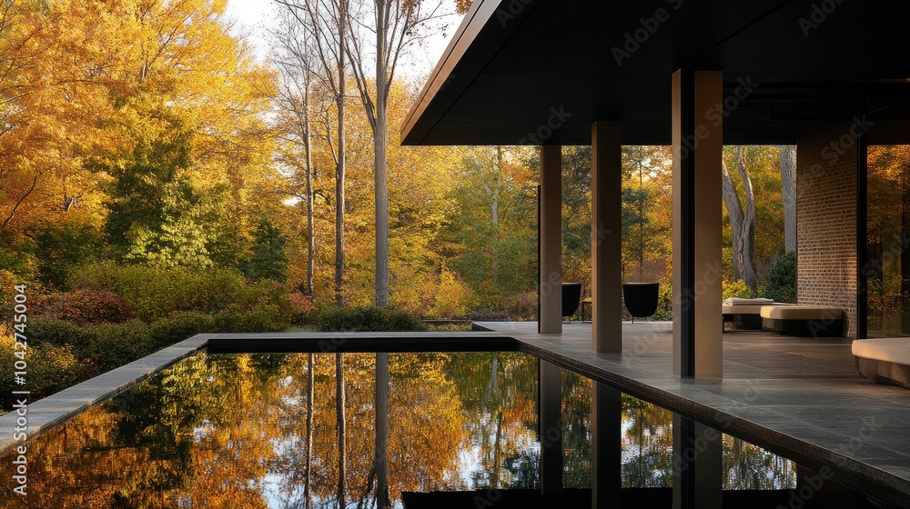 Fototapeta premium Modern Architecture Surrounded by Autumn Foliage