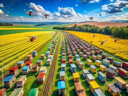 Aerial View of Bees Pollinating Food Crops in Vibrant Agricultural Fields photo