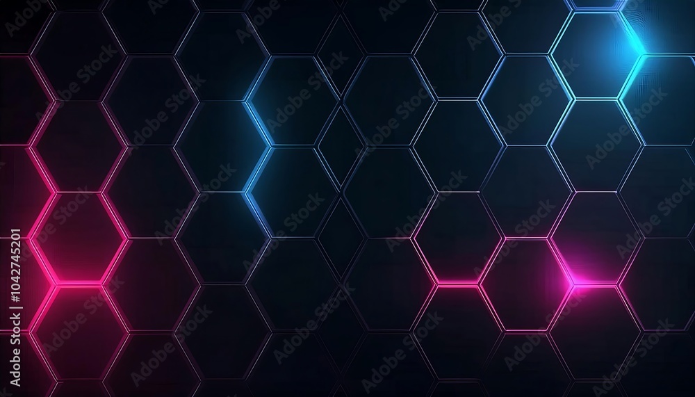 Fototapeta premium Abstract geometric pattern of glowing hexagons on a dark background.