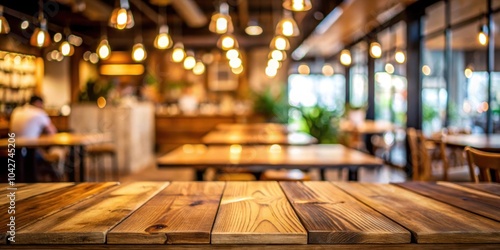 Empty wooden table with blurred restaurant background, perfect for product display montage, wood, table, round