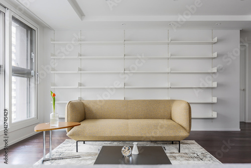 Minimalist interior design of modern living room with sofa 
