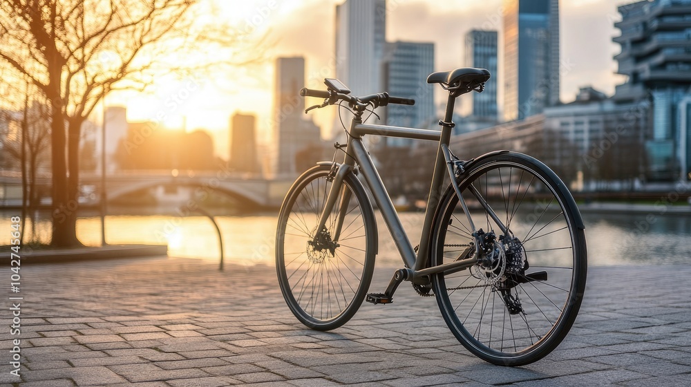 Fototapeta premium Modern Bicycle by Riverbank at Sunset
