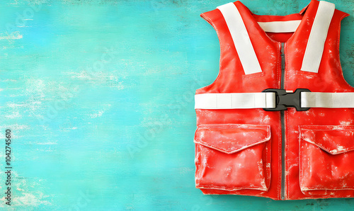 Red life jacket on a teal wooden background.