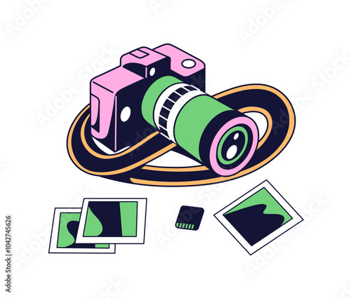 Photo camera with snapshots. Modern photocamera with rangefinder lens and shots. Photograph equipment with strap and pictures. Photography icon. Flat isolated vector illustration on white background