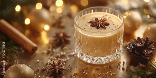 a glass of milk with a star anise on it photo