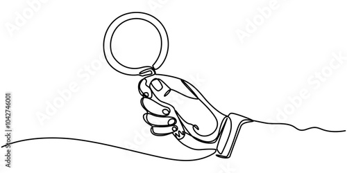 One continuous line illustration of hand holding magnifying glass. Continuous line drawing of magnifying glass lens in hand. Vector illustration, Continuous line drawing of magnifying  glass. One line