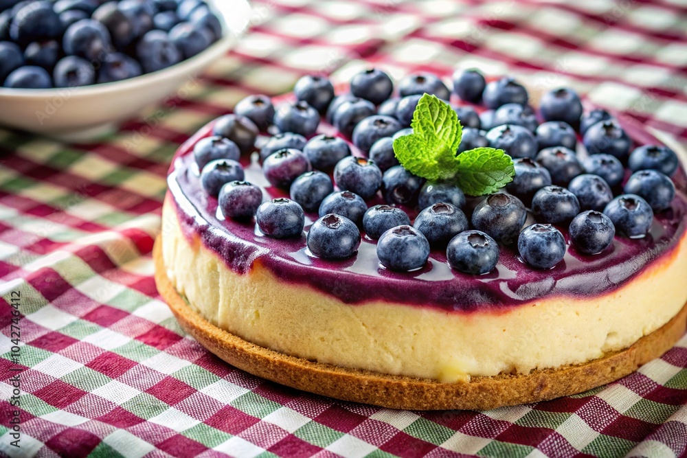 Homemade blueberry cheesecake with fresh berries on plaid tablecloth with shallow depth of field