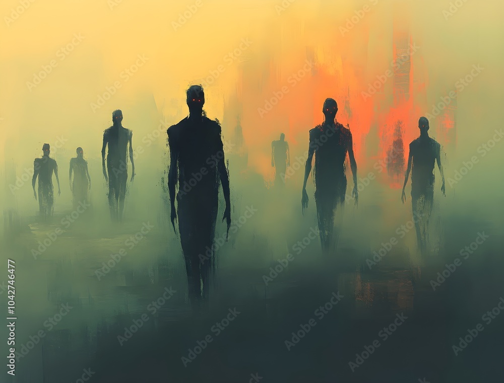 Ethereal Zombies Walking Through Misty Landscape Ethereal Zombies Walking Through Misty Landscape