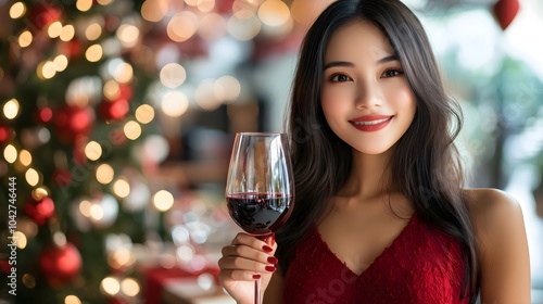 Elegant Woman Enjoying Wine at Festive Celebration