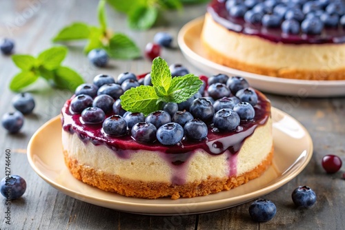 Homemade blueberry cheesecake with fresh blueberries compote and mint Low Angle