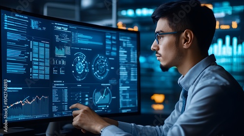 Businessman Analyzing Data on Computer Screen with Graphs and Charts