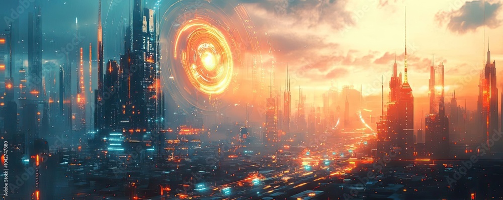 Naklejka premium A futuristic energy generator, powering a city with renewable technology