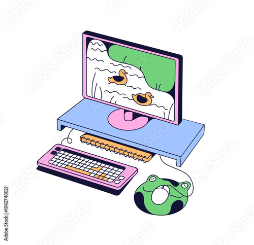 Workplace icon in neo brutalism style. Desktop computer with keyboard, mouse and pad. PC screen, monitor on desk. Organization of work place. Flat isolated vector illustration on white background