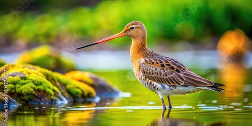 Blacktailed Godwit Wading in Shallow Water Surrounded by Mossy Rocks - Nature Photography, Wildlife, Birdwatching, Avian Beauty, Natural Habitat, Coastal Ecosystem, Shoreline Scene