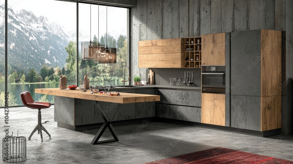 Sleek and Minimalist Kitchen with Stunning Snowy Mountain Landscape View Sleek and Minimalist Kitchen with Stunning Snowy Mountain Landscape View
