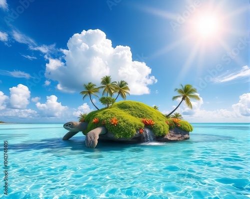  turtle in the middle of a tropical lagoon with palm trees. photo