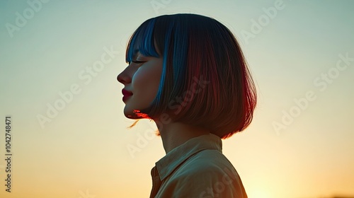 Silhouette of a Woman at Sunset with Colorful Hair