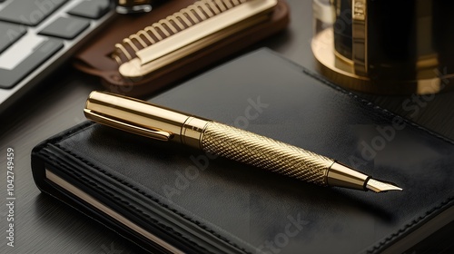 Gold Fountain Pen on Black Leather Notebook photo