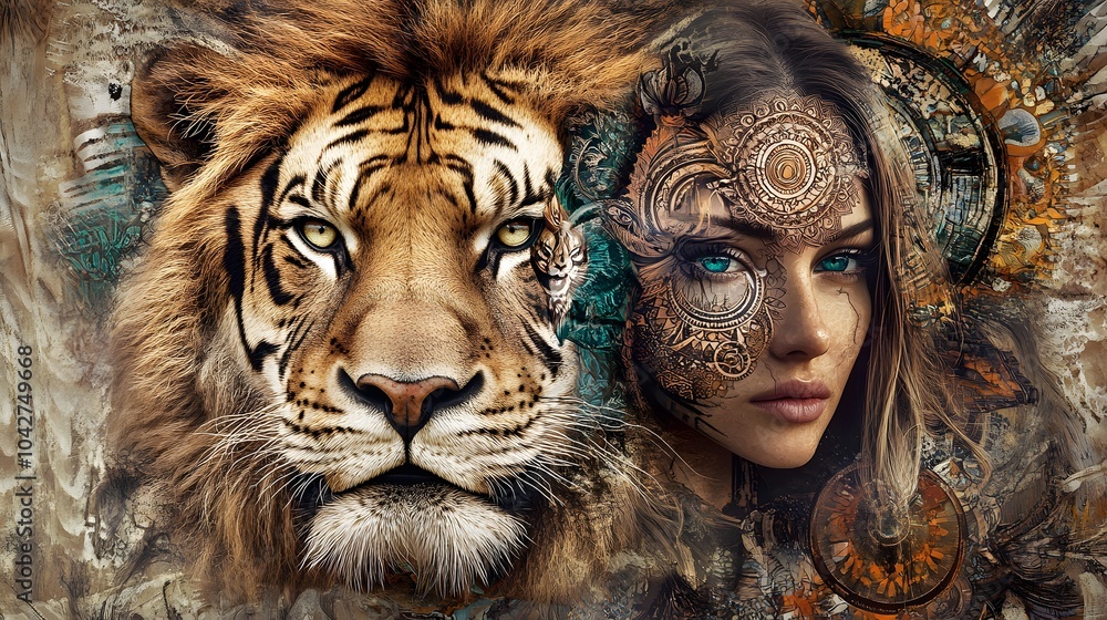 Obraz premium painting mighty lion and tiger head, and mystic woman with ornamental tattoo on face with bird, ornament background and mandala. computer collage, profile portrait, eye contact.