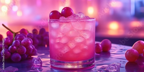 a pink cocktail with chers and ice