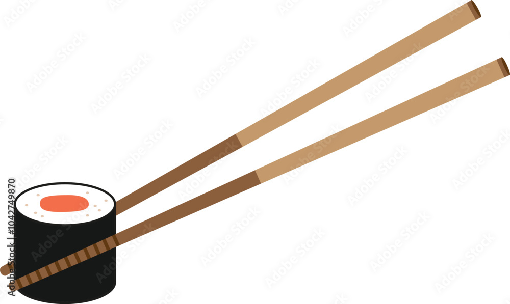 Wooden chopsticks with Salmon Roll sushi icon. Wooden chopsticks with Salmon Roll sushi icon.