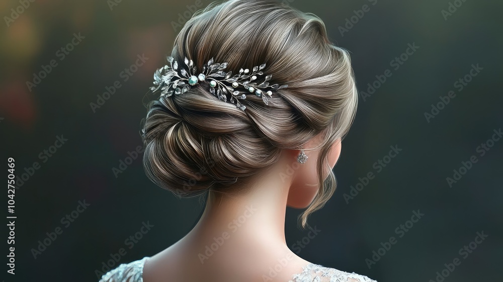 Fototapeta premium Elegant Bridal Hair with Floral Hairpiece Decoration