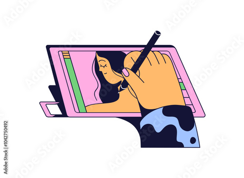 Digital artist drawing picture with stylus on graphics tablet. Illustrator holds pen in hand, painting on art device. Painter creates artwork on screen. Flat isolated vector illustration on white