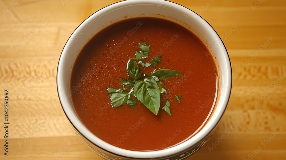 Fresh Tomato Soup with Basil Leaf on Top Fresh Tomato Soup with Basil Leaf on Top