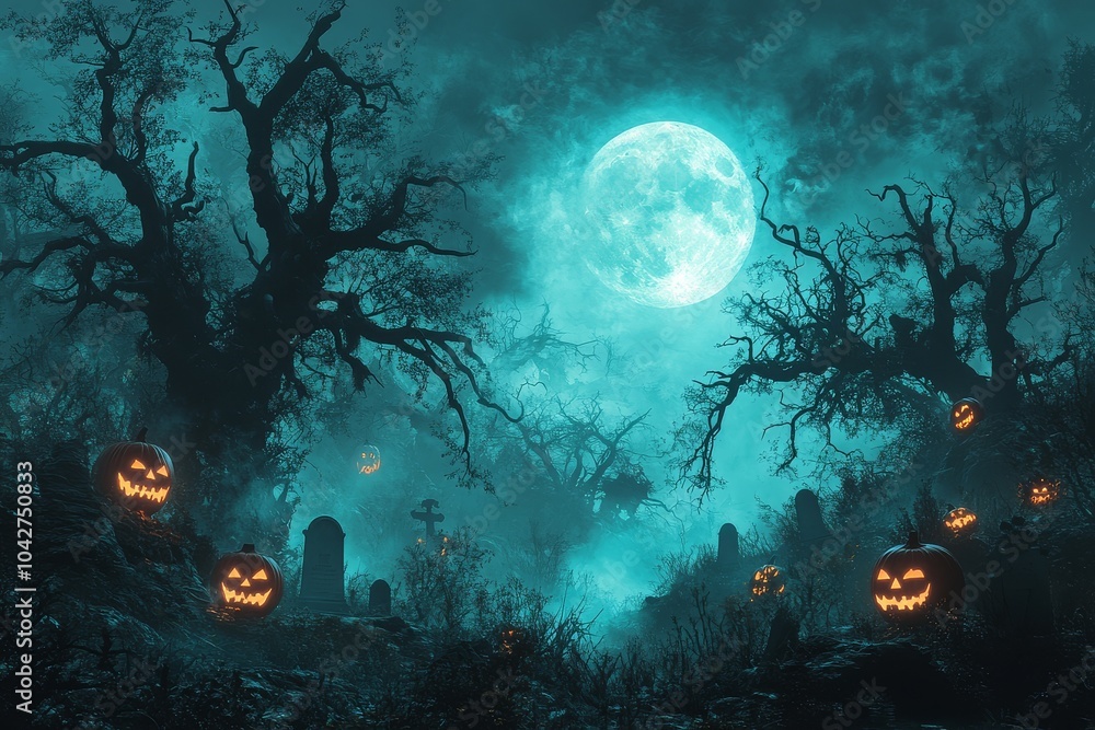 Obraz premium Halloween background featuring turquoise pumpkins, scary trees, and a full moon, creating a spooky atmosphere with a dark graveyard, burning jack-o'-lanterns, and foggy mist.