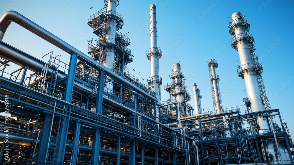 Fototapeta premium Industrial facility with towering structures and complex piping under a clear blue sky.