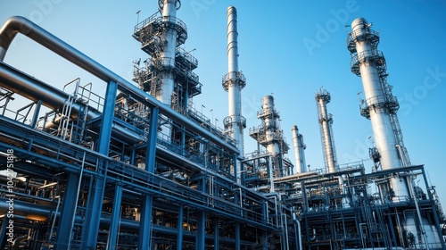 Industrial facility with towering structures and complex piping under a clear blue sky.