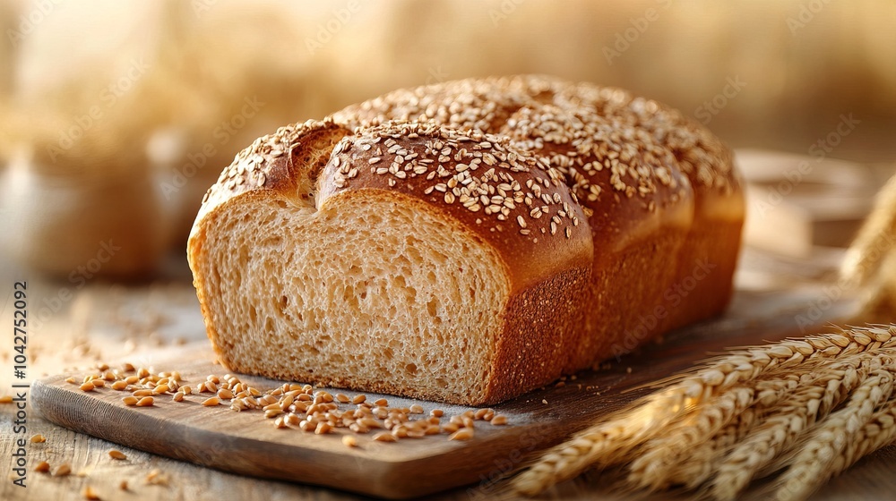 Loaf of wheat bread with ears of grain on a cutting board Food bakery Loaf of wheat bread with ears of grain on a cutting board Food bakery