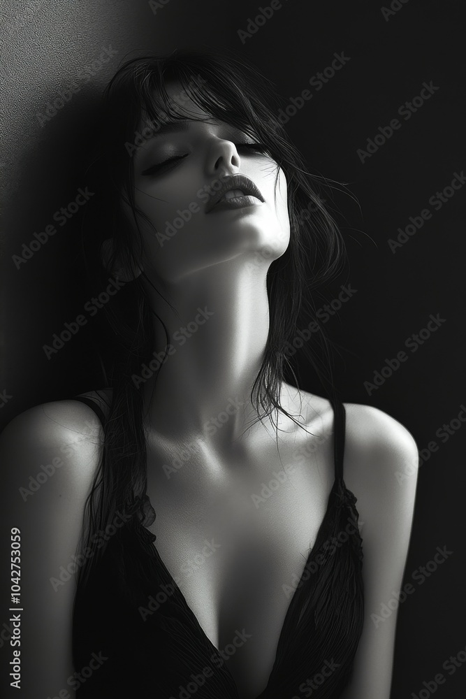 Fototapeta premium A beautiful woman in a black dress and dark make-up posing while leaning against wall. Black and white fashion photography. Fashion. Style. 