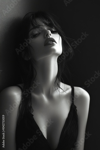 A beautiful woman in a black dress and dark make-up posing while leaning against wall. Black and white fashion photography. Fashion. Style.	
