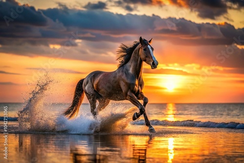 horse galloping through water at sunset photo