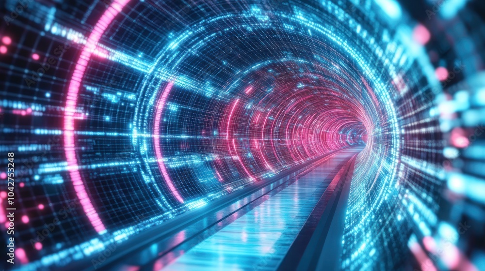 Fototapeta premium A futuristic digital tunnel with vibrant blue and pink lights, suggesting advanced technology.