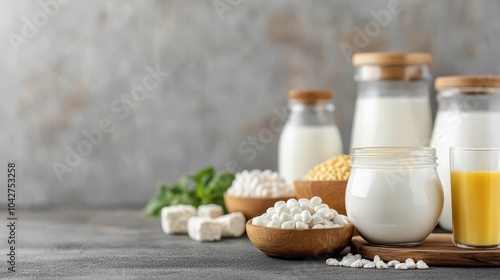 A serene display of various dairy products, including milk and yogurt, emphasizing natural ingredients and healthful eating.