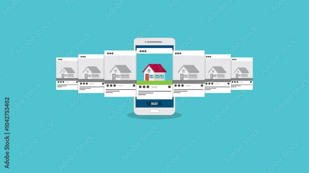 House searching. Smartphone with mobile application for realtors. Deals with real estate and private property. Apartment purchase. House searching. Smartphone with mobile application for realtors. Deals with real estate and private property. Apartment purchase.