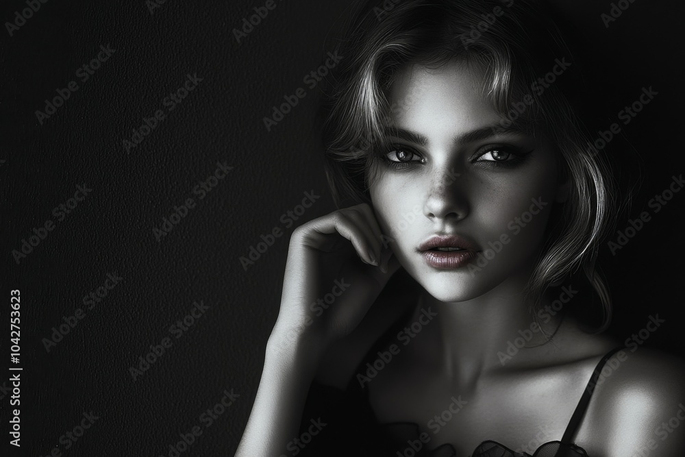 A beautiful woman in a black dress and dark make-up posing while looking at the camera. Black and white fashion photography. Fashion. Style. A beautiful woman in a black dress and dark make-up posing while looking at the camera. Black and white fashion photography. Fashion. Style.