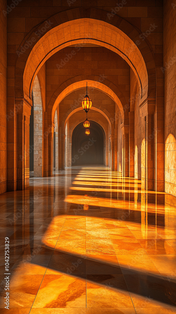 Obraz premium Sunlight casts a golden glow through a series of intricately arched hallways, reflecting warmth and elegance with perfect symmetry